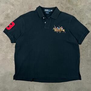 Vintage Polo Ralph Lauren Big Pony triple horse black collared polo shirt Xl